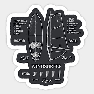 Windsurfer Equipment Gear Board, Sail and Fins Legend Vintage White Drawing Sticker